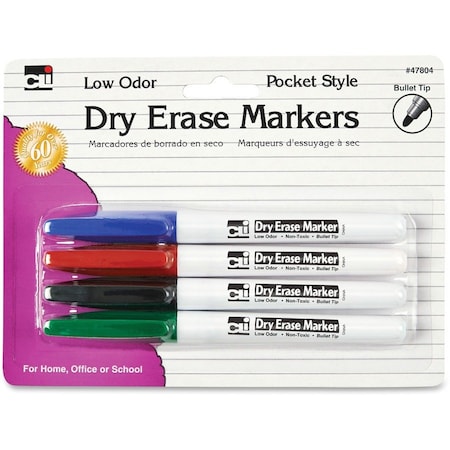 Cli Dry-Erase Markers, Pocket Style, 4/PK, AST PK LEO47804